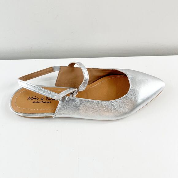 Antonio De Faria Anna Leather Slingback Mary Jane Pointed Toe Flats Silver 9 - Picture 2 of 8